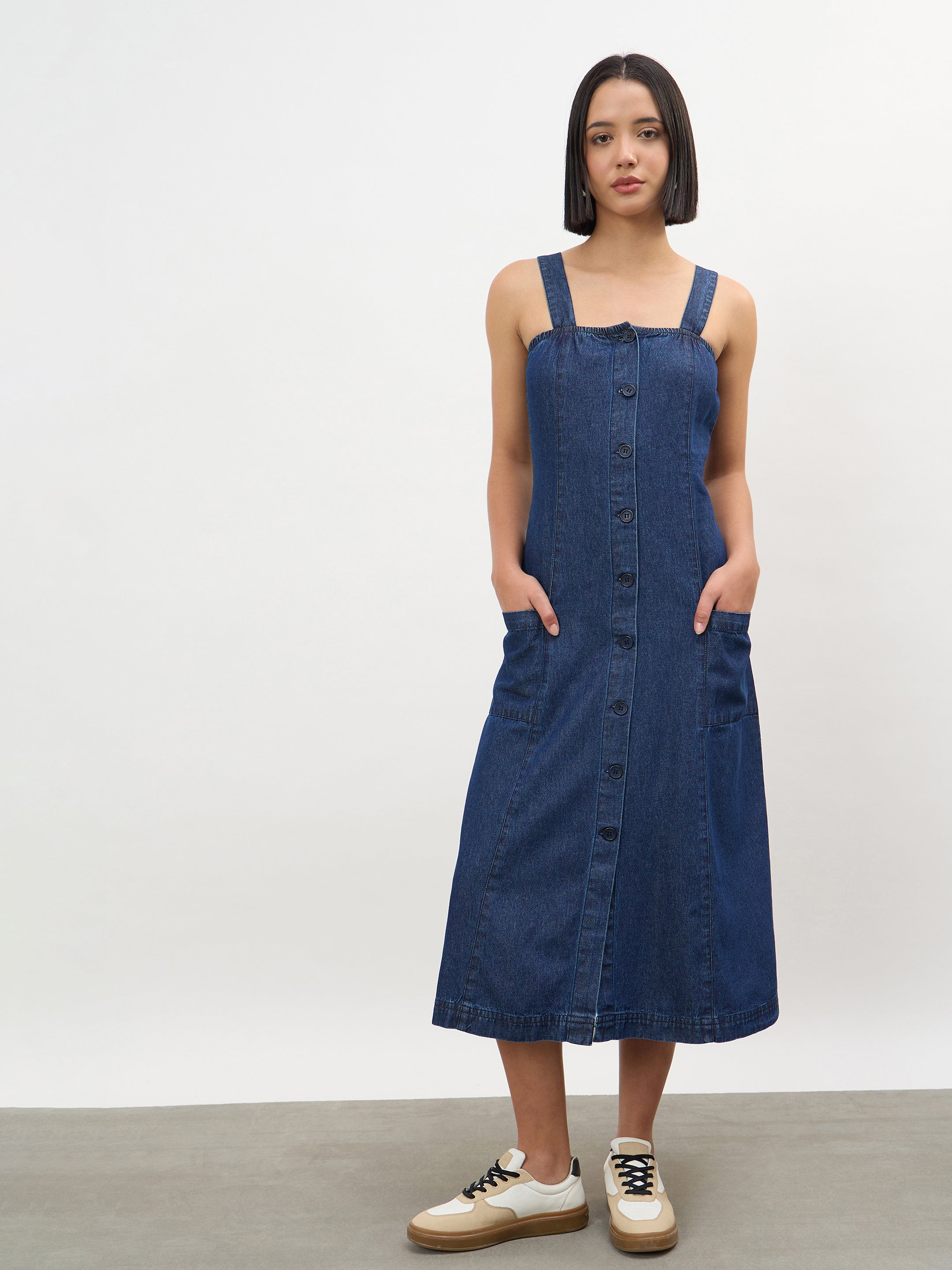 Women Navy Strappy Button Down A-Line Midi Dress