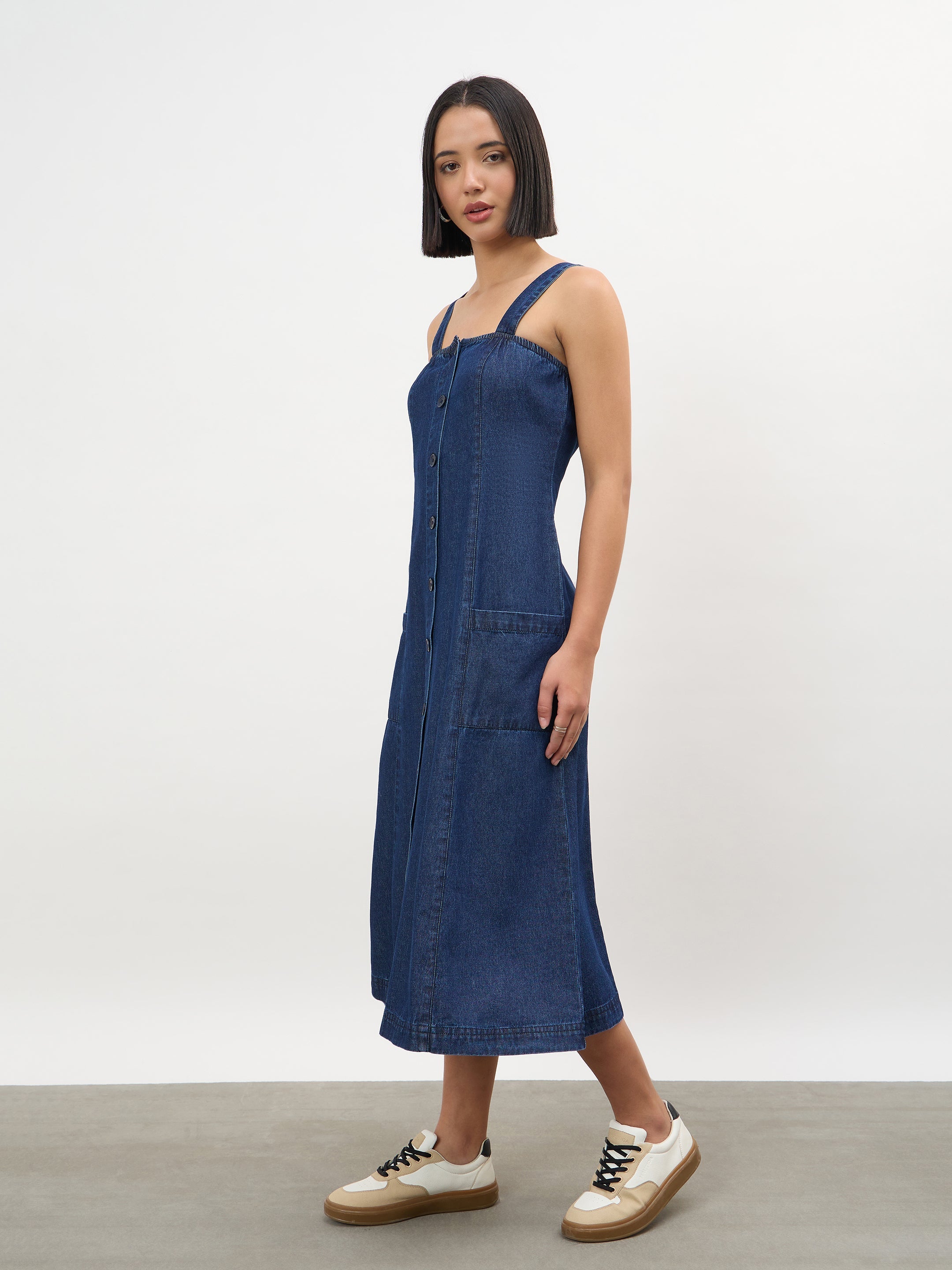 Women Navy Strappy Button Down A-Line Midi Dress