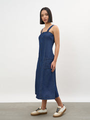 Women Navy Strappy Button Down A-Line Midi Dress