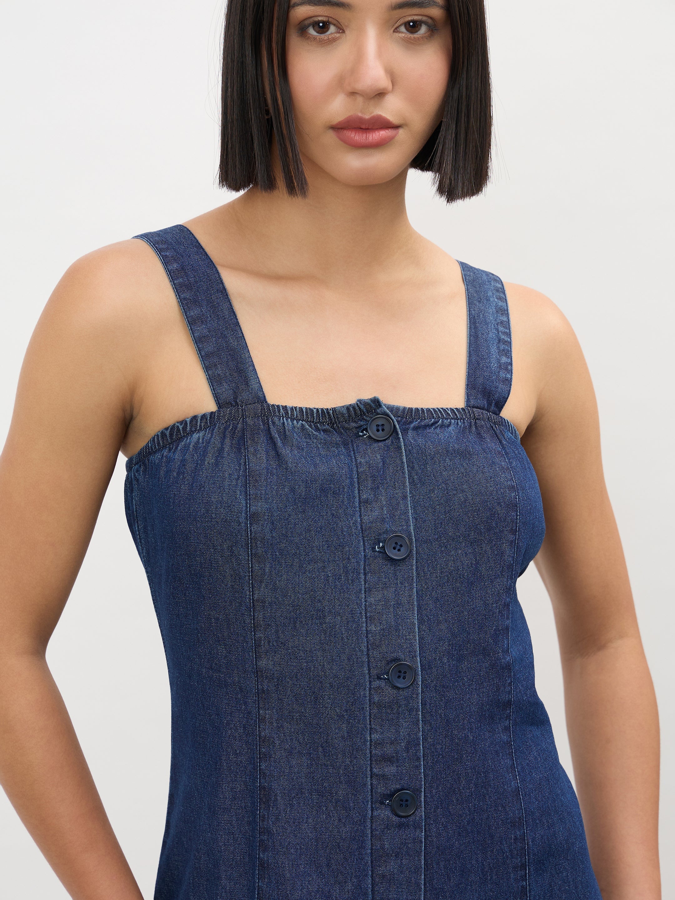 Women Navy Strappy Button Down A-Line Midi Dress