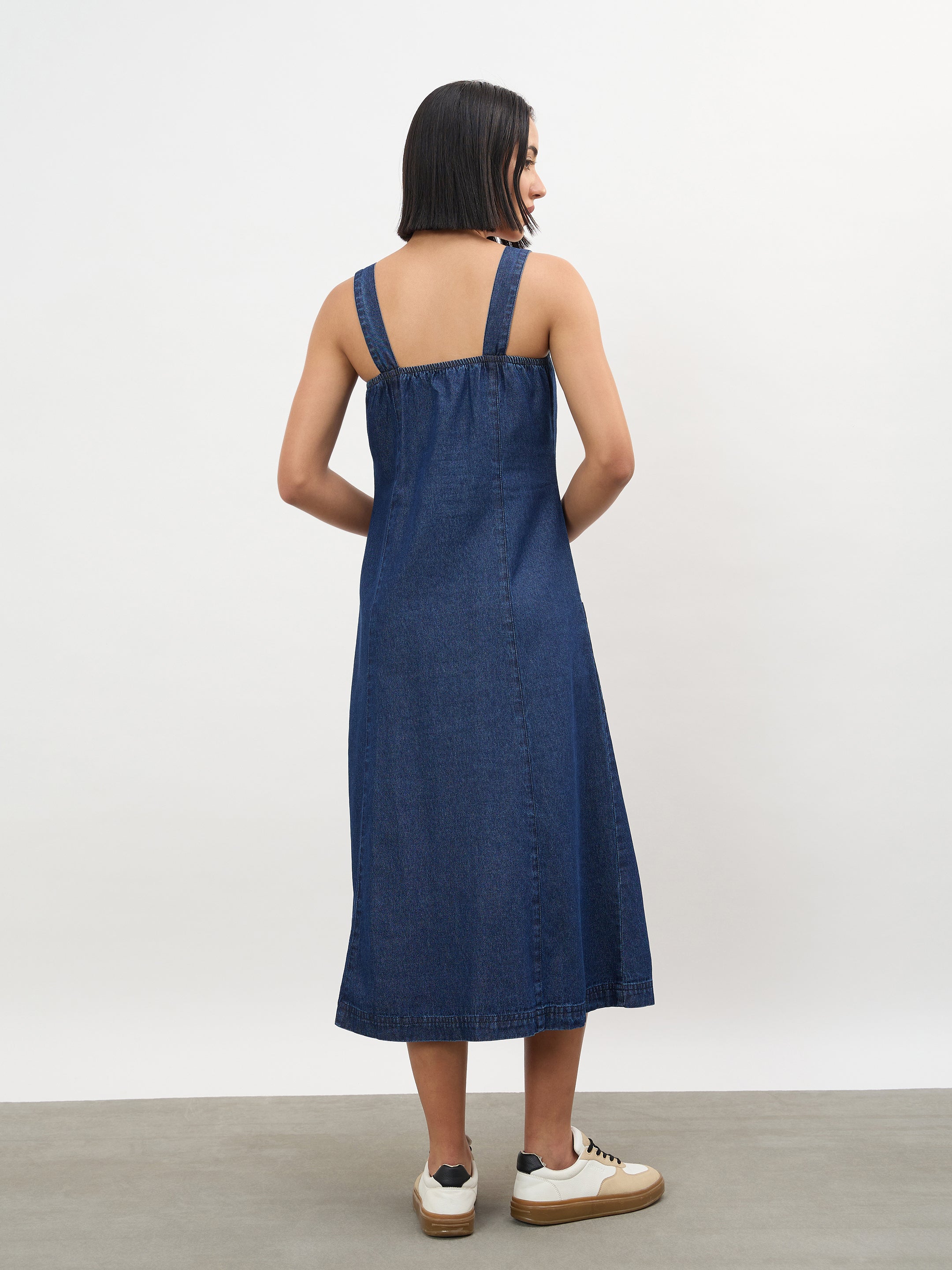 Women Navy Strappy Button Down A-Line Midi Dress