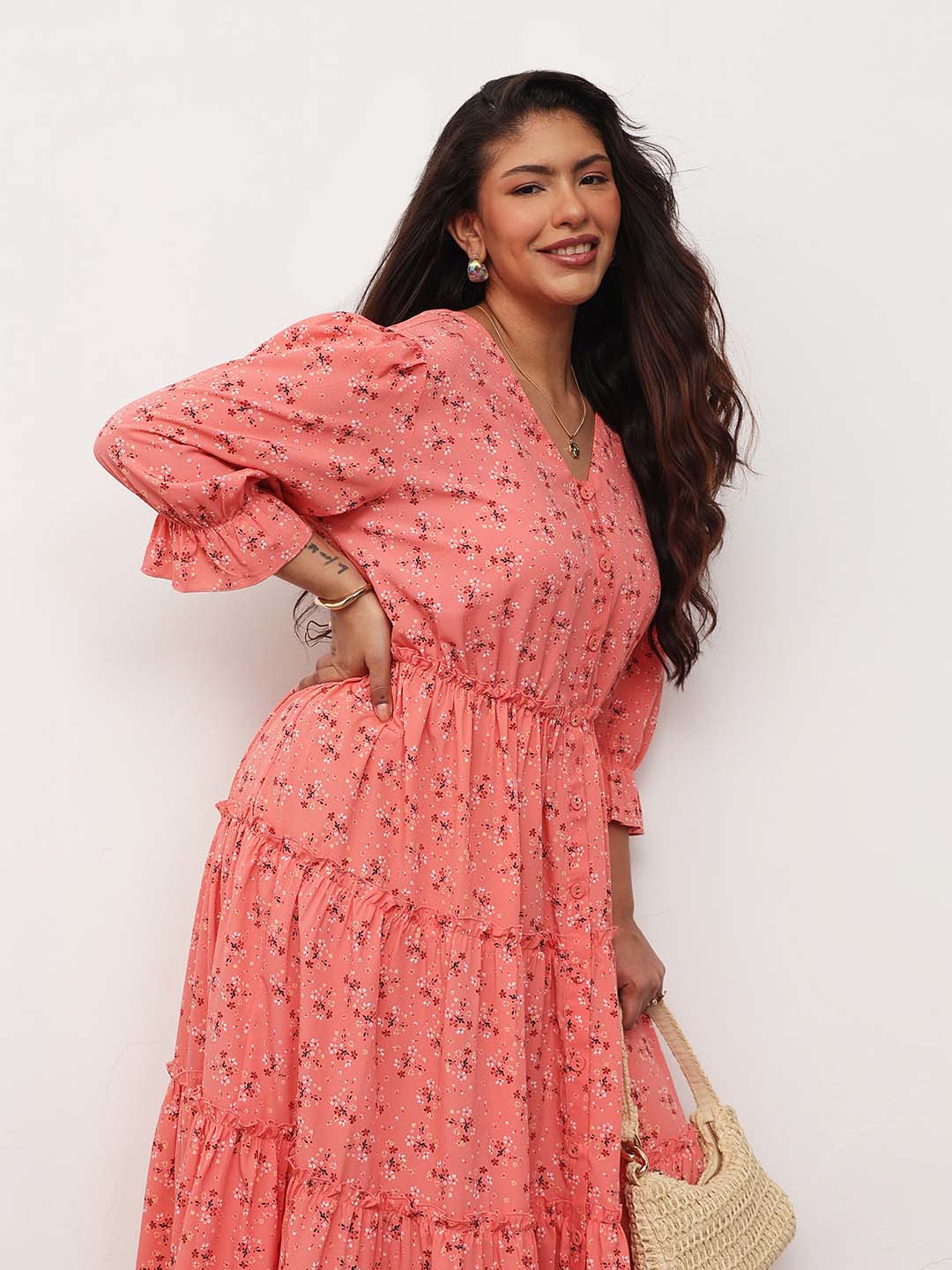 Women Peach Ditsy Floral Front Button Down Tiered Maxi Dress