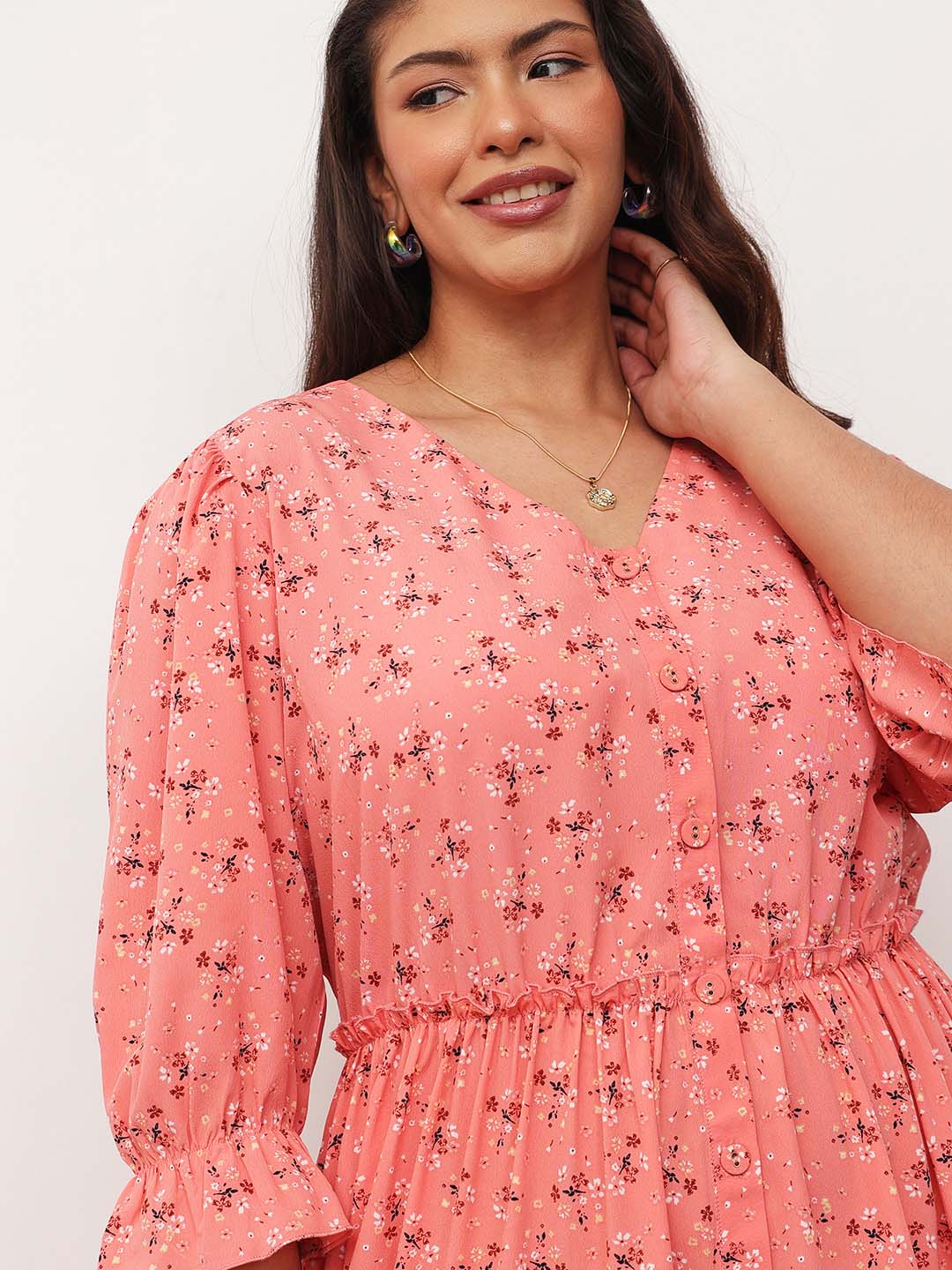 Women Peach Ditsy Floral Front Button Down Tiered Maxi Dress
