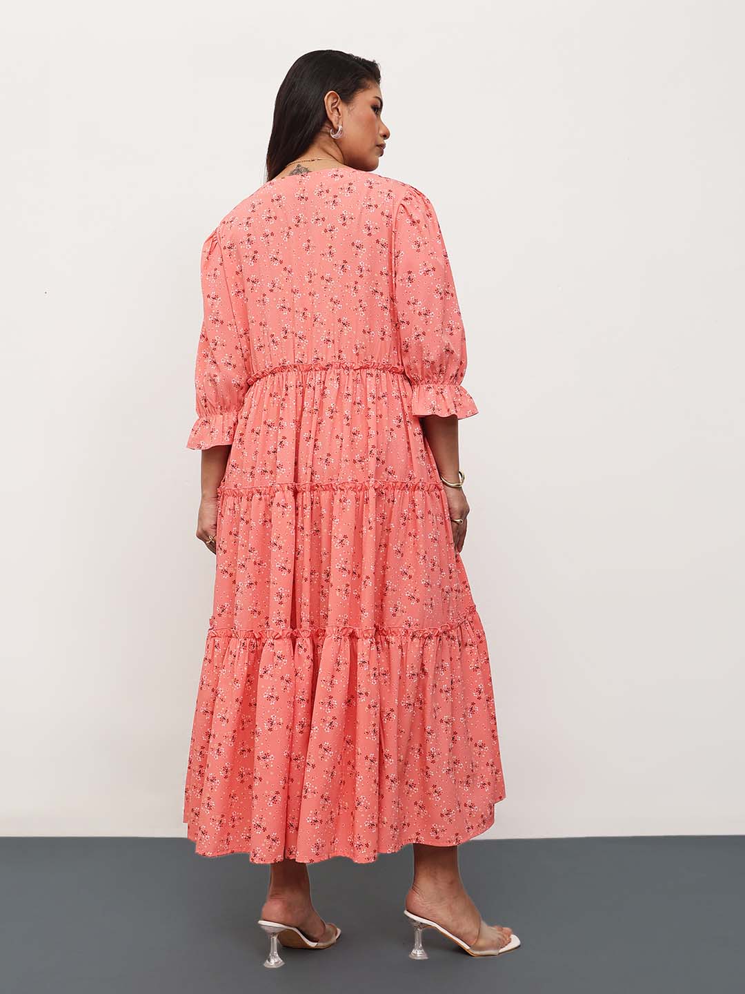 Women Peach Ditsy Floral Front Button Down Tiered Maxi Dress