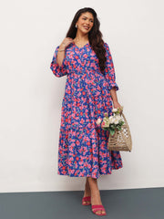 Women Blue & Pink Floral Front Button Down Tiered Maxi Dress