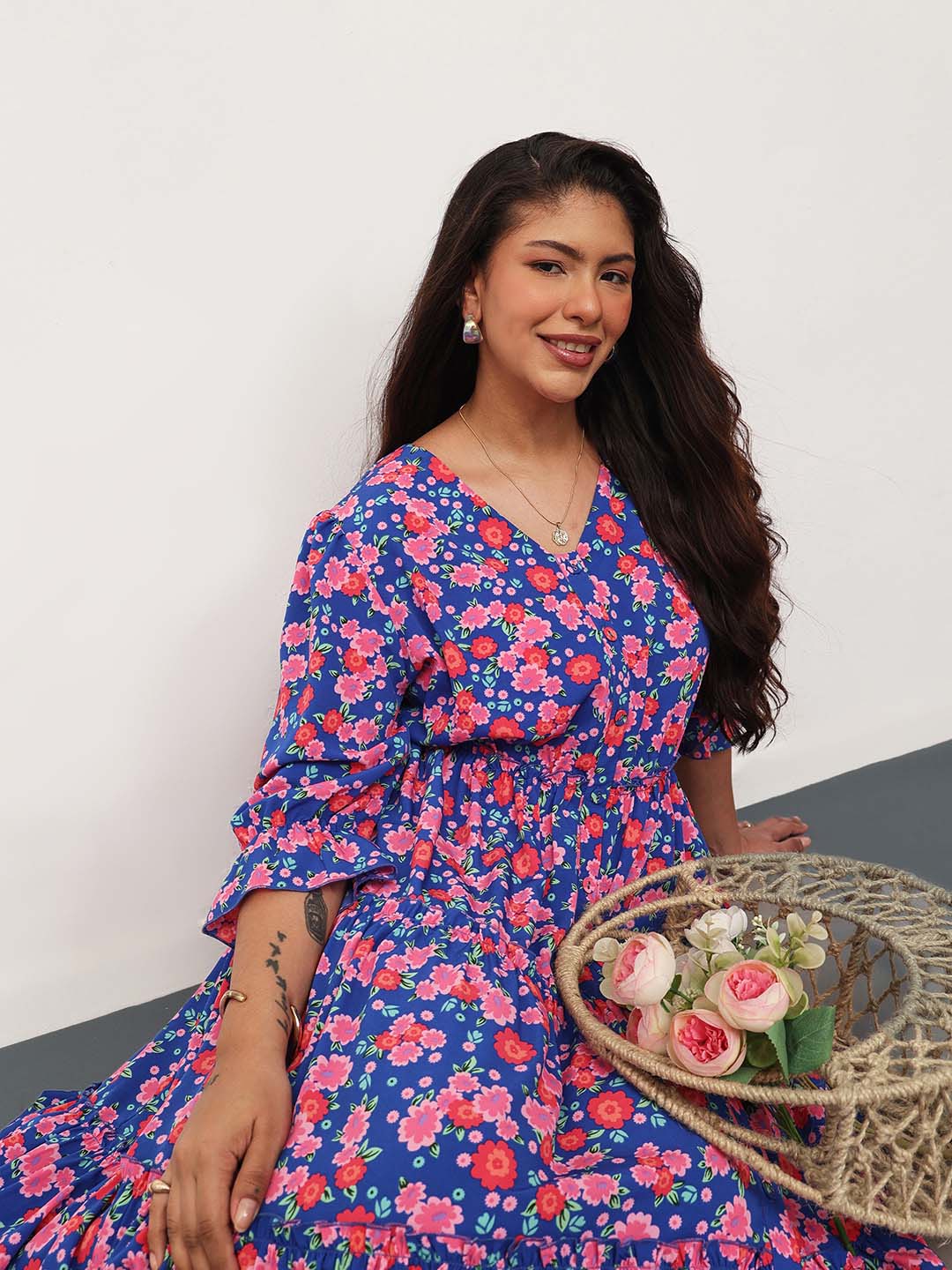Women Blue & Pink Floral Front Button Down Tiered Maxi Dress