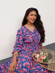 Women Blue & Pink Floral Front Button Down Tiered Maxi Dress