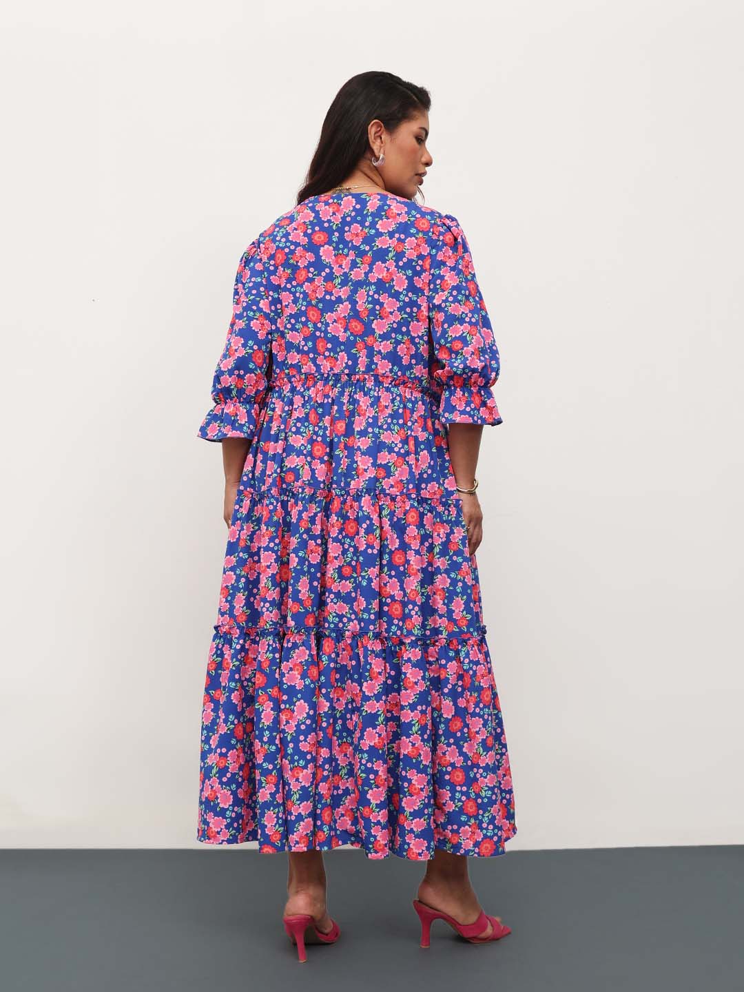 Women Blue & Pink Floral Front Button Down Tiered Maxi Dress
