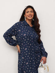 Women Navy Ditsy Floral Longline Shirt Dress