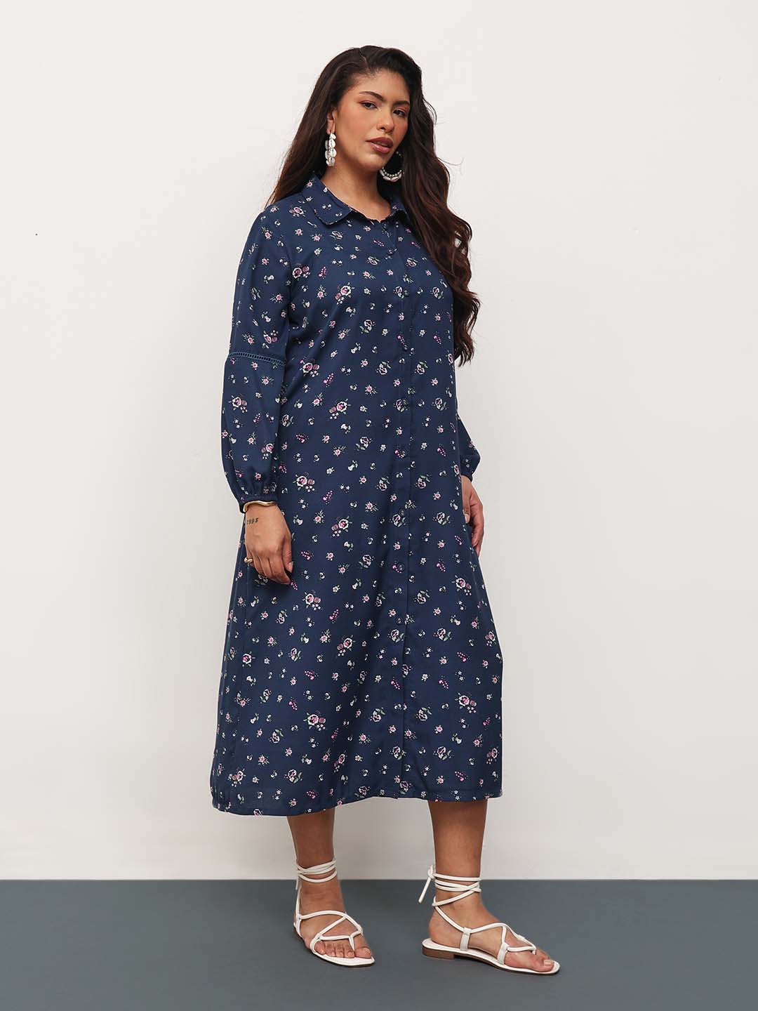 Women Navy Ditsy Floral Longline Shirt Dress