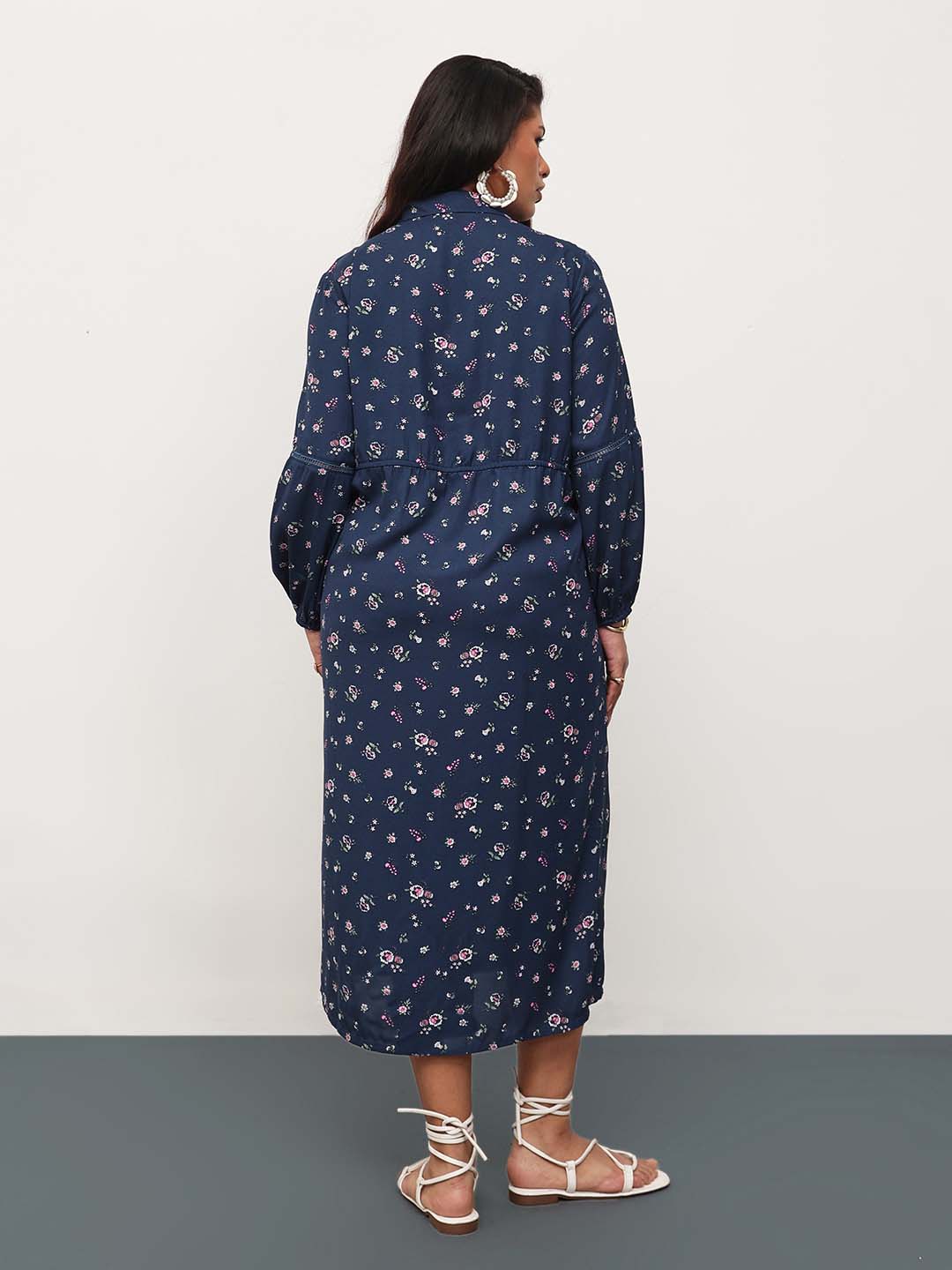 Women Navy Ditsy Floral Longline Shirt Dress