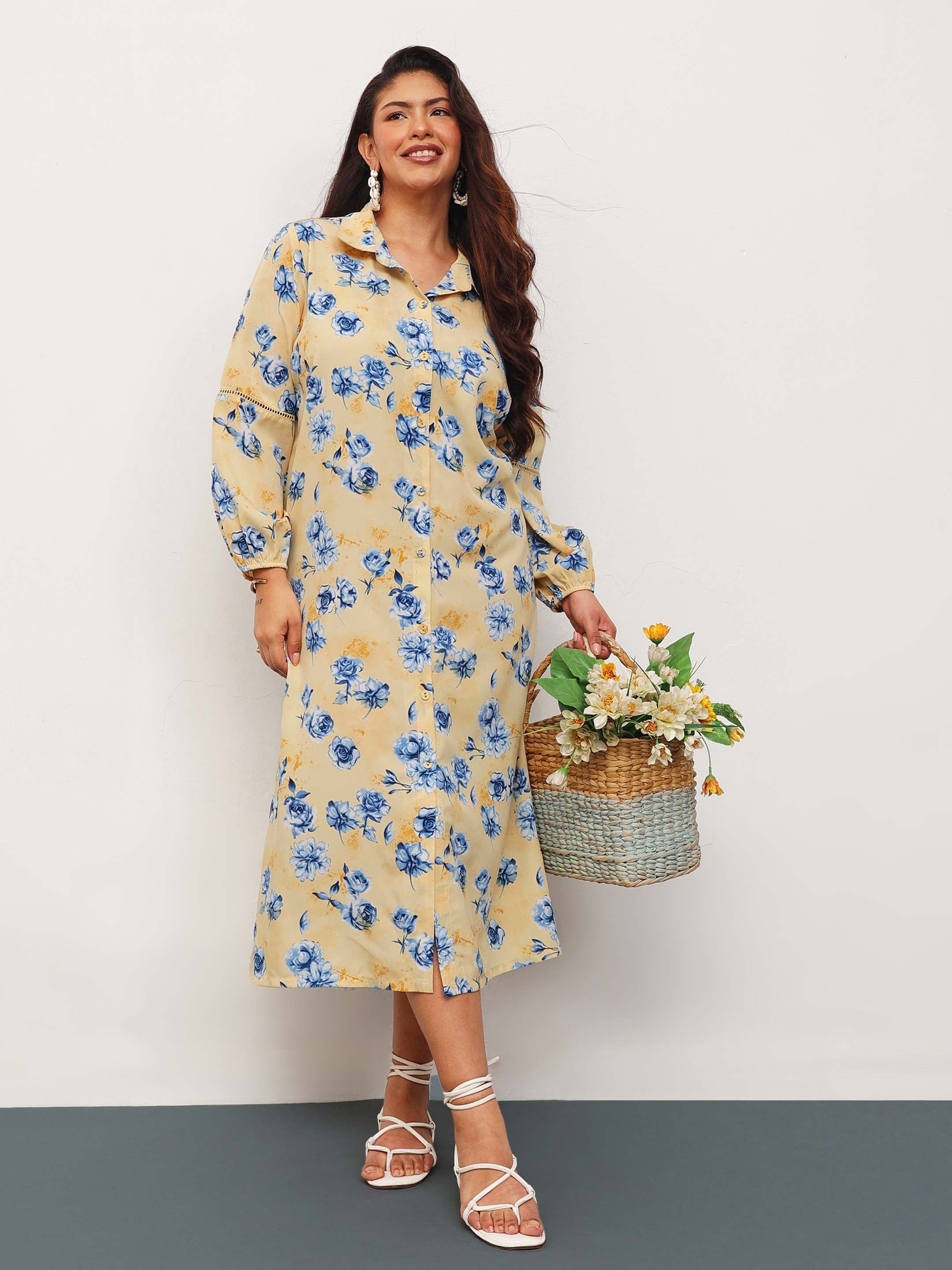 Women Yellow Floral Longline Shirt Dress