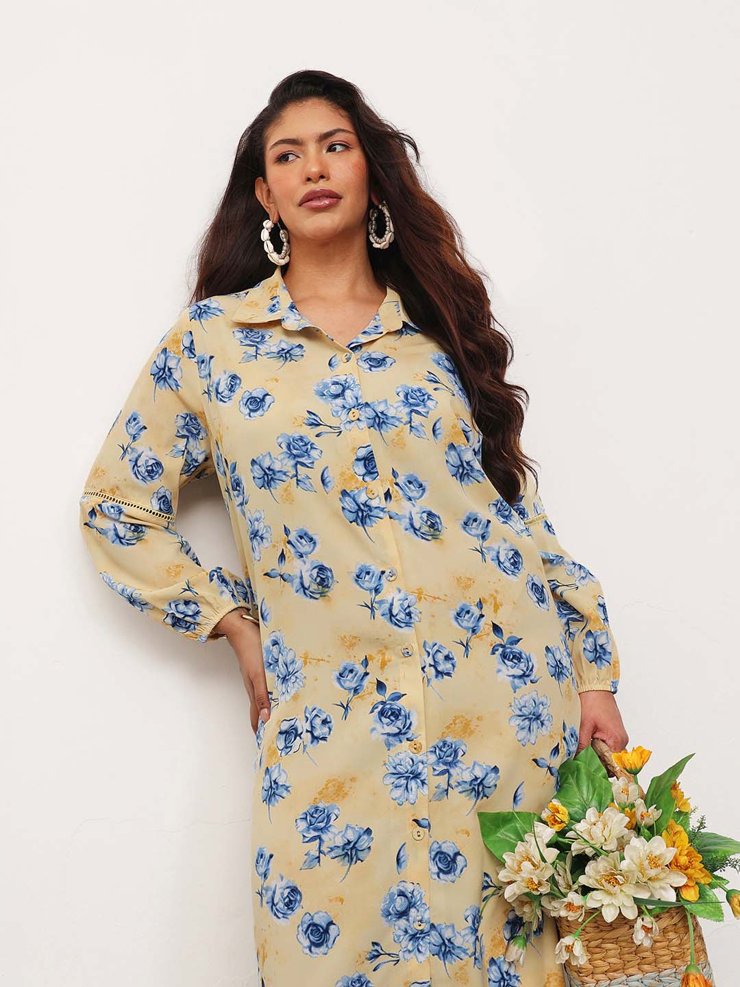 Women Yellow Floral Longline Shirt Dress