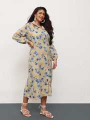 Women Yellow Floral Longline Shirt Dress