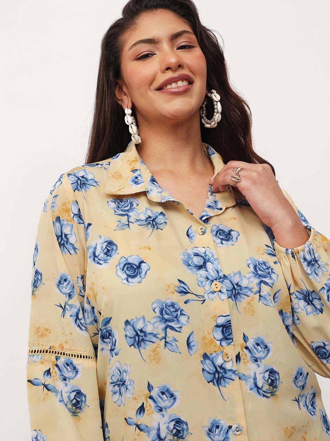 Women Yellow Floral Longline Shirt Dress