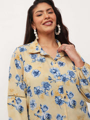Women Yellow Floral Longline Shirt Dress
