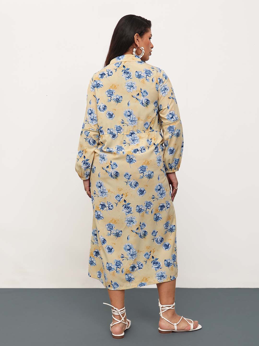 Women Yellow Floral Longline Shirt Dress