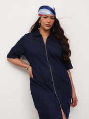 Women Navy Blue Denim Front Zipper Bodycon Midi Dress