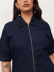 Women Navy Blue Denim Front Zipper Bodycon Midi Dress