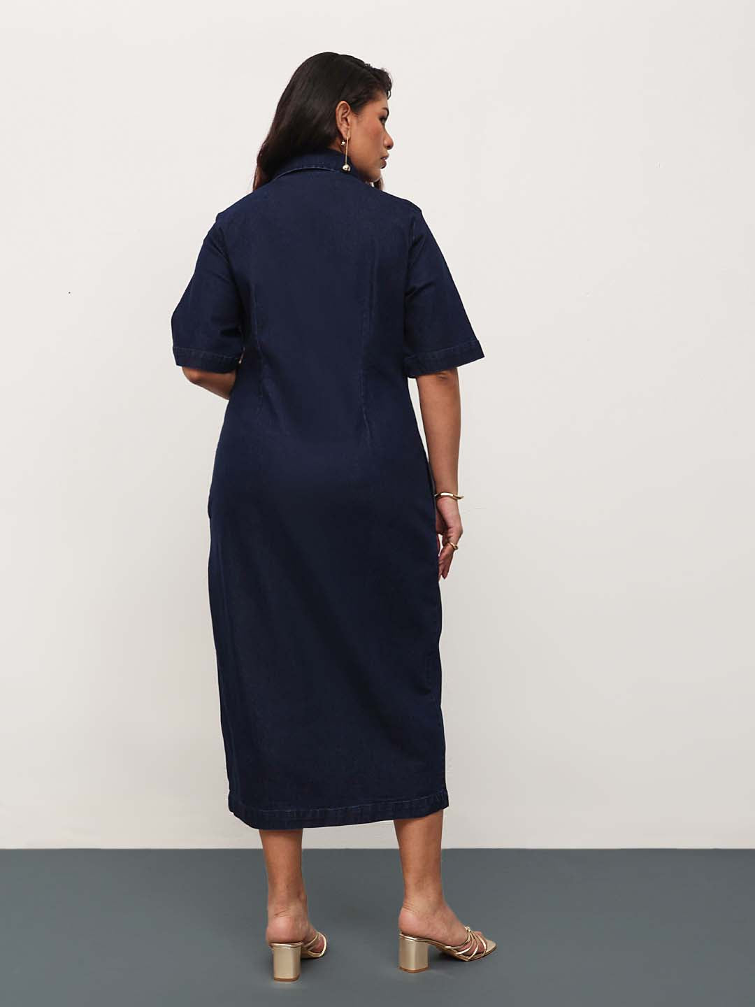 Women Navy Blue Denim Front Zipper Bodycon Midi Dress