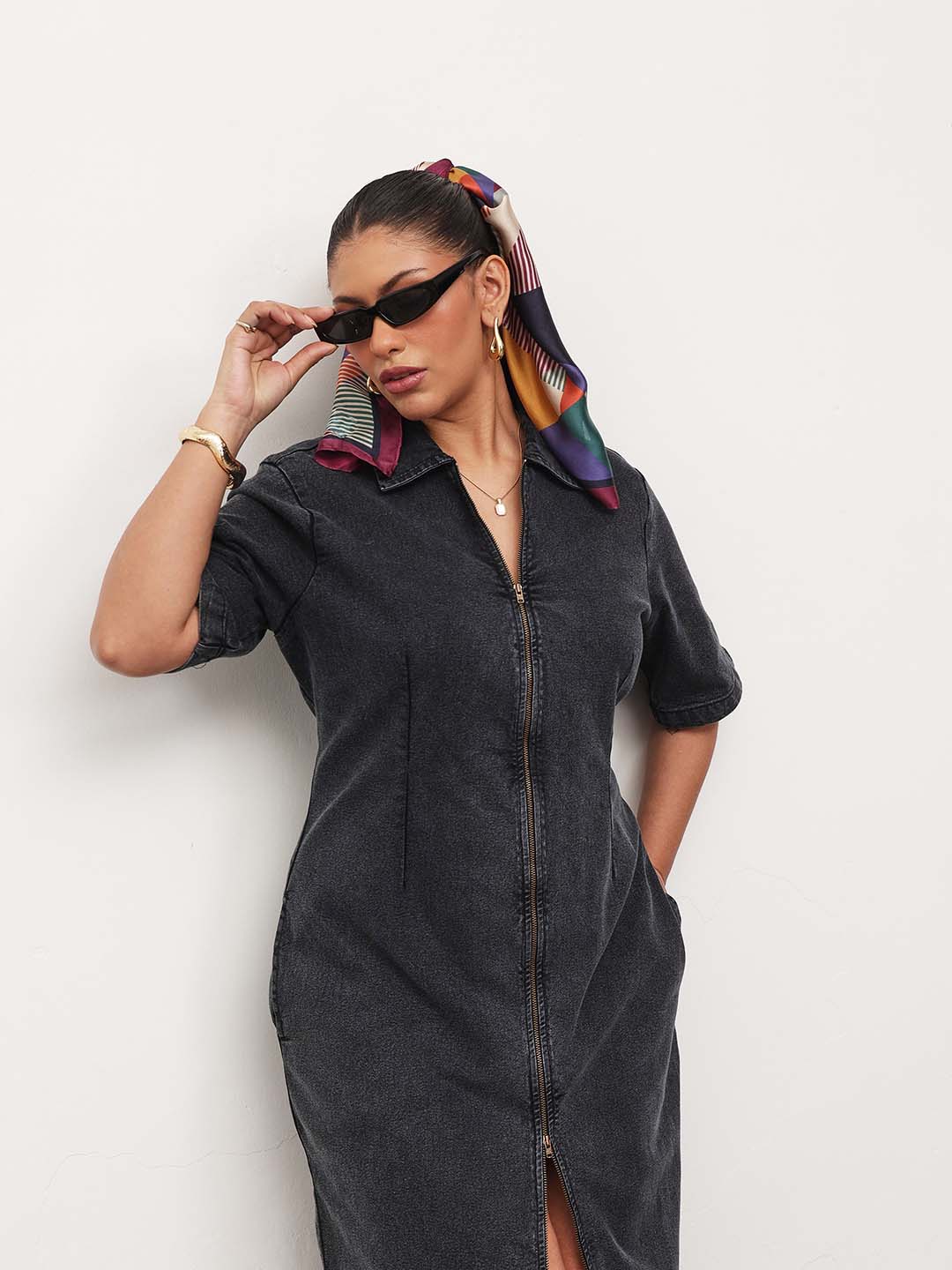 Women Black Wash Denim Front Zipper Bodycon Midi Dress