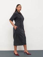 Women Black Wash Denim Front Zipper Bodycon Midi Dress