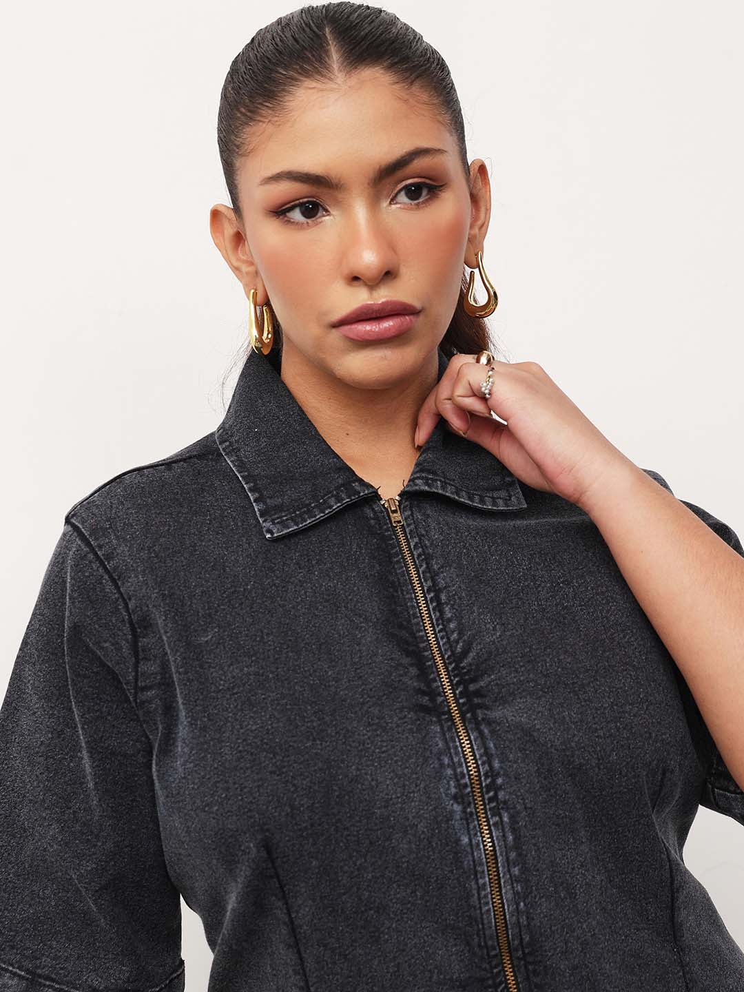 Women Black Wash Denim Front Zipper Bodycon Midi Dress