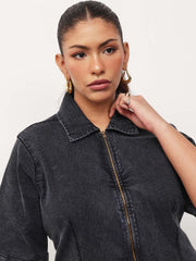 Women Black Wash Denim Front Zipper Bodycon Midi Dress