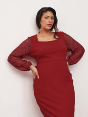 Women Red Square Neck Lace Sleeves Bodycon Midi Dress