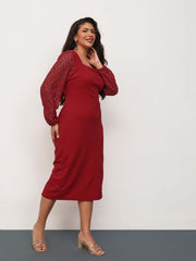 Women Red Square Neck Lace Sleeves Bodycon Midi Dress