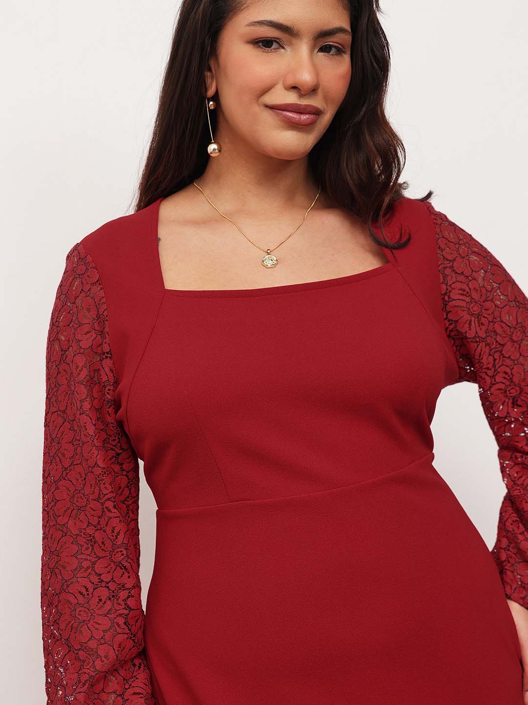 Women Red Square Neck Lace Sleeves Bodycon Midi Dress