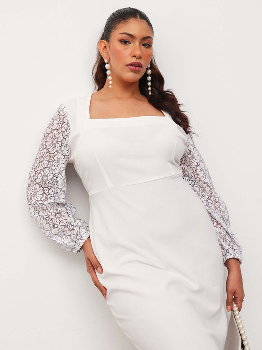 Women White Square Neck Lace Sleeves Bodycon Midi Dress