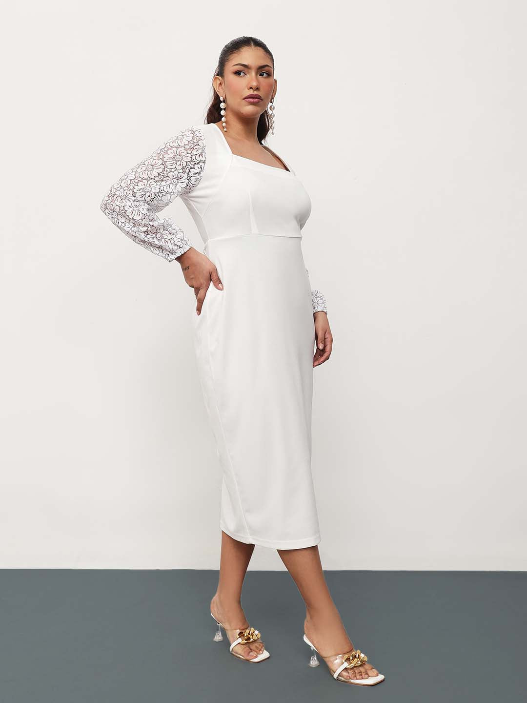Women White Square Neck Lace Sleeves Bodycon Midi Dress