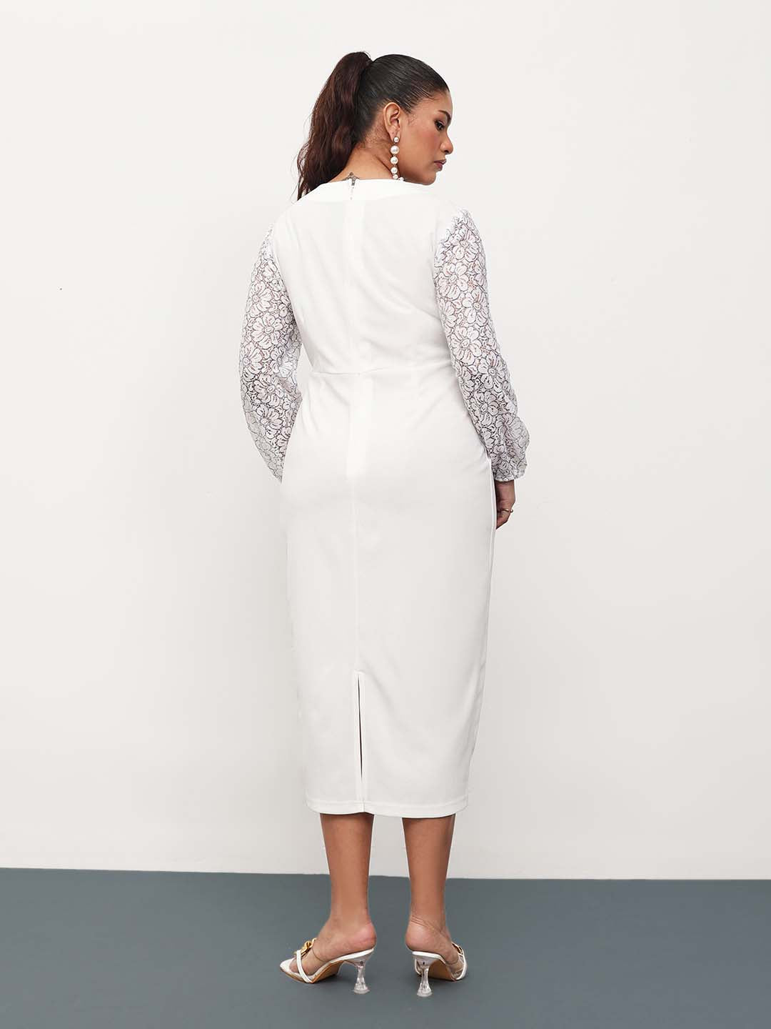 Women White Square Neck Lace Sleeves Bodycon Midi Dress