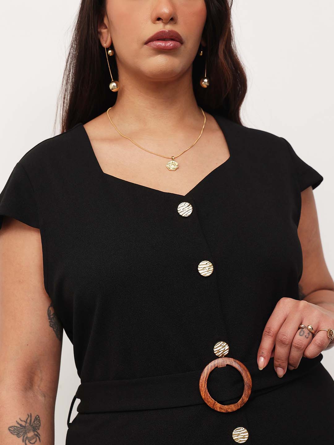 Women Black Button Down Belted Bodycon Midi Dress