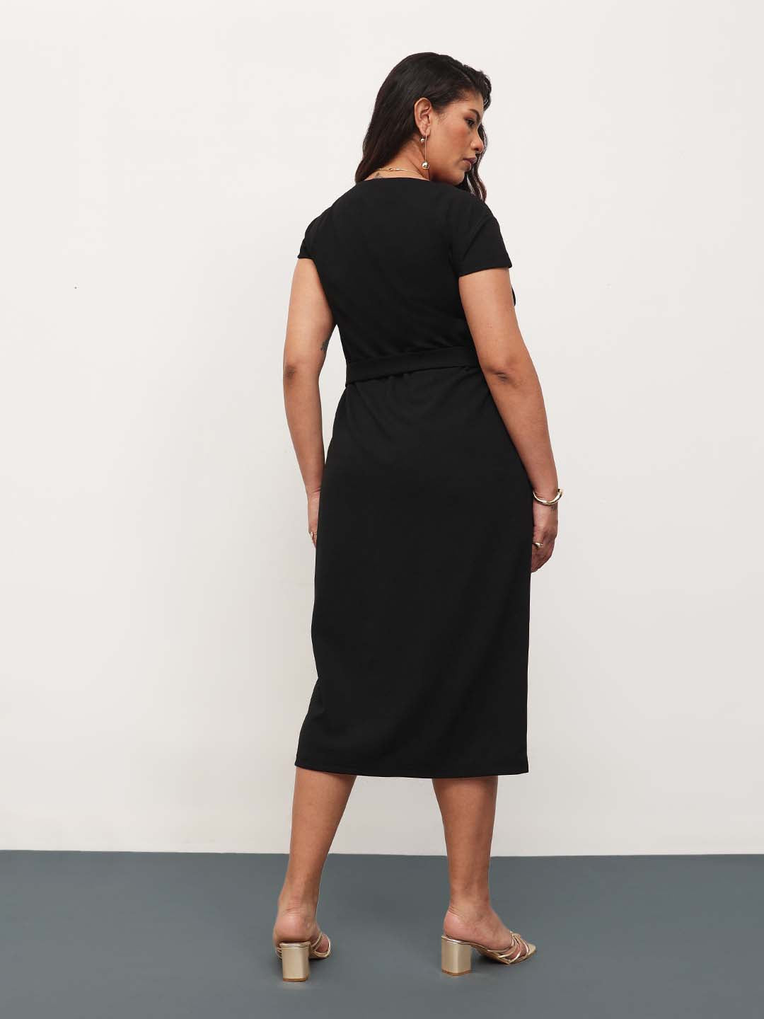 Women Black Button Down Belted Bodycon Midi Dress