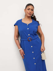 Women Cobalt Blue Button Down Belted Bodycon Midi Dress