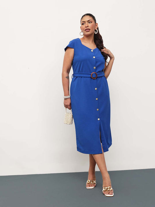 Women Cobalt Blue Button Down Belted Bodycon Midi Dress