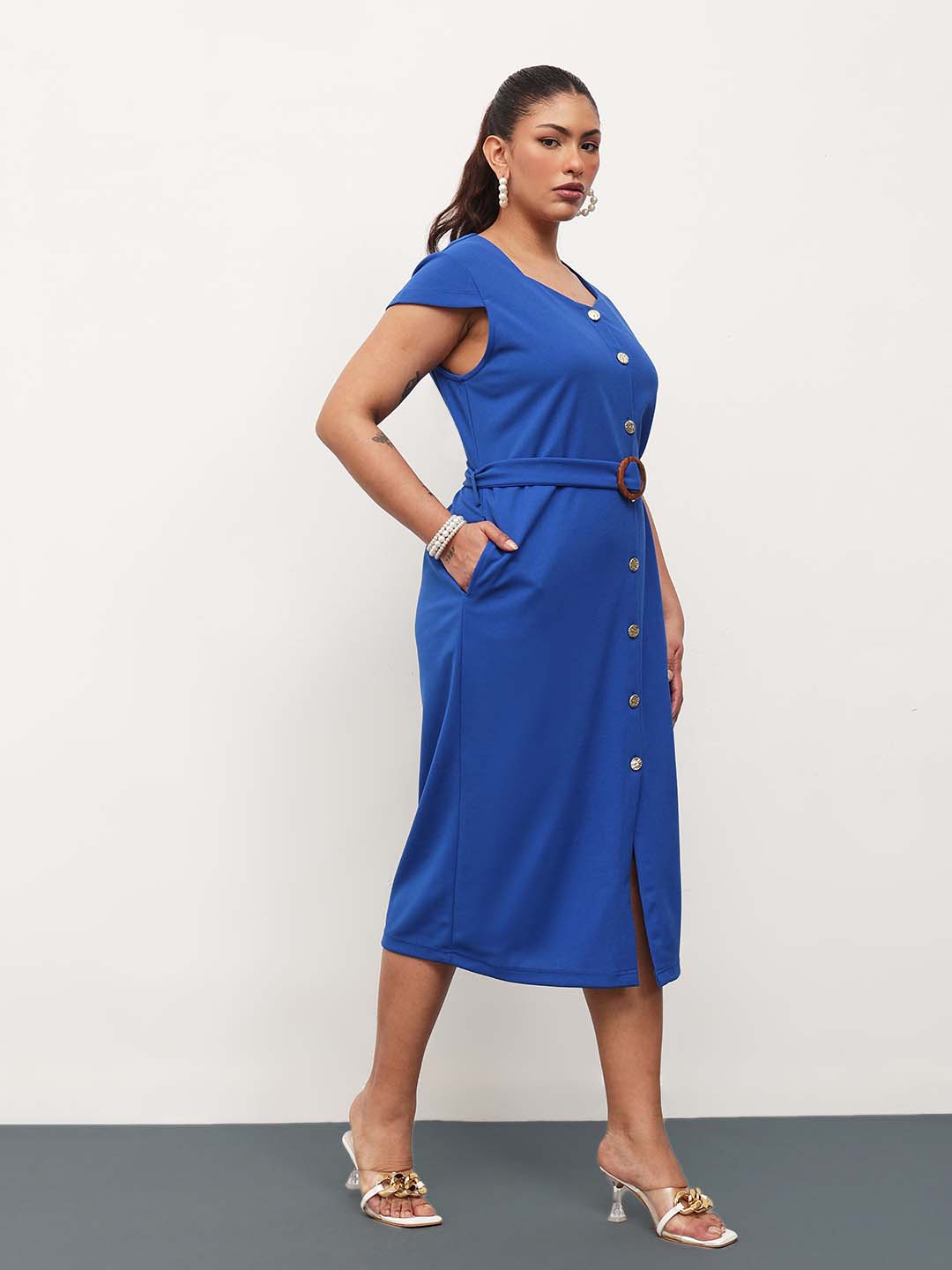 Women Cobalt Blue Button Down Belted Bodycon Midi Dress