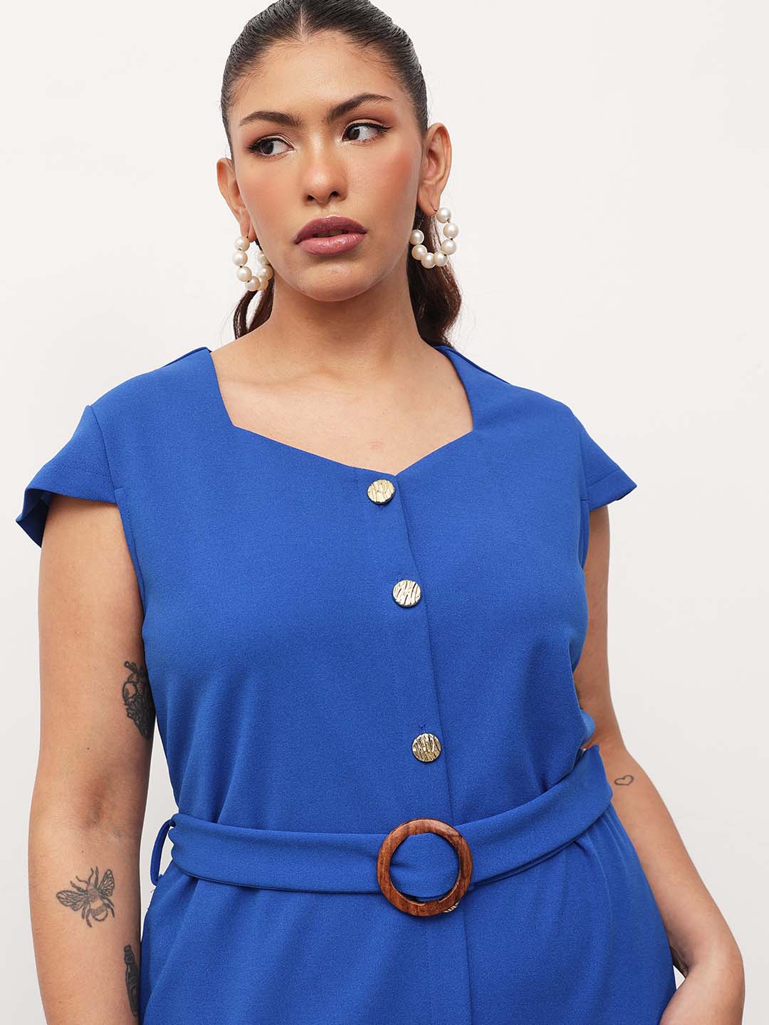 Women Cobalt Blue Button Down Belted Bodycon Midi Dress