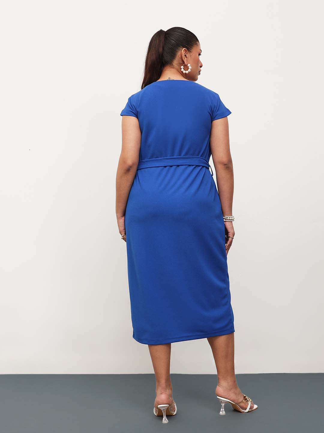 Women Cobalt Blue Button Down Belted Bodycon Midi Dress