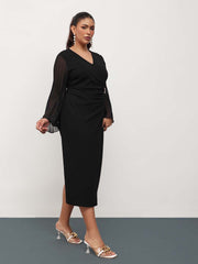Women Black Pleated Sleeves Side Ruched Midi Dress