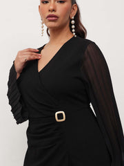 Women Black Pleated Sleeves Side Ruched Midi Dress