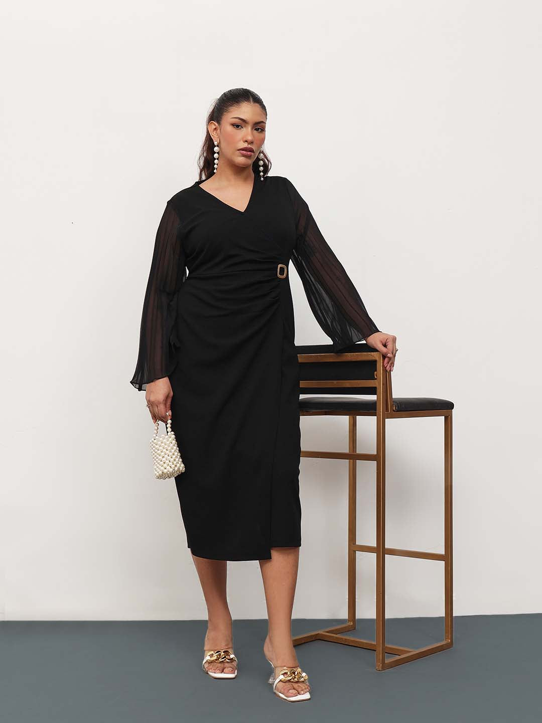 Women Black Pleated Sleeves Side Ruched Midi Dress