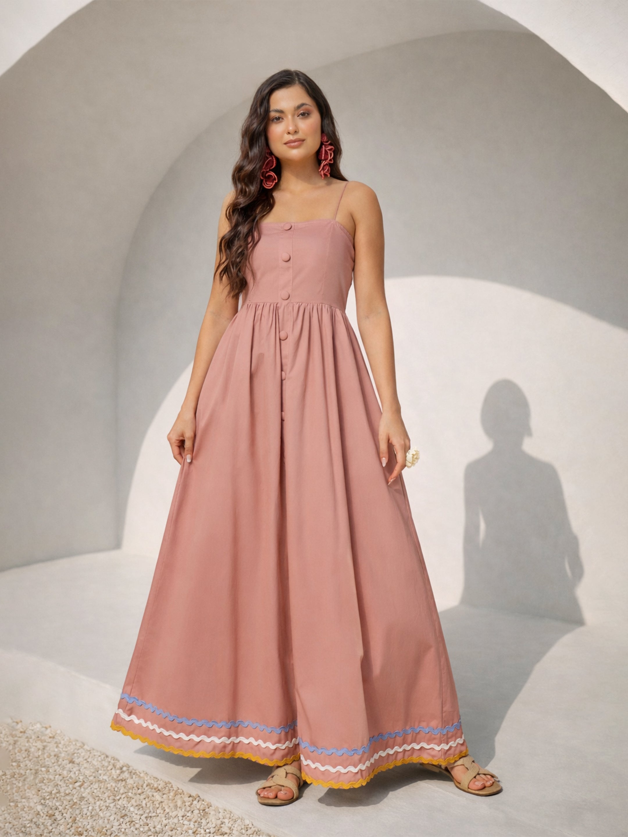 Women Onion Pink Ric Rac Lace Strappy Maxi Dress
