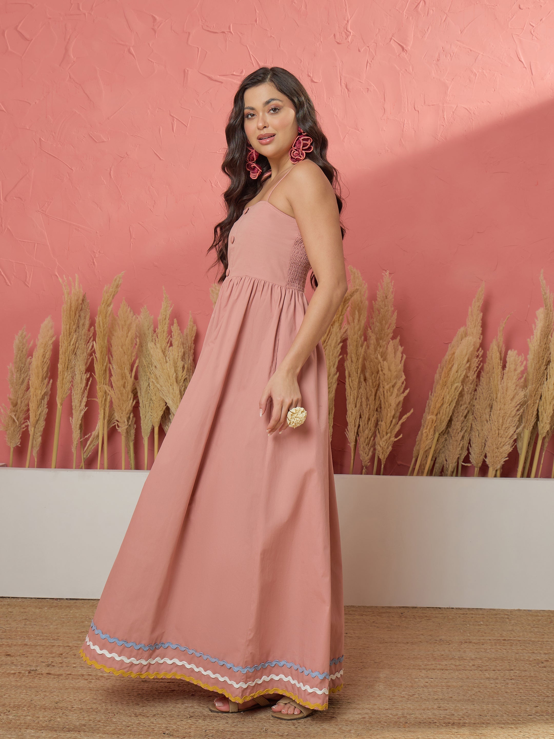 Women Onion Pink Ric Rac Lace Strappy Maxi Dress