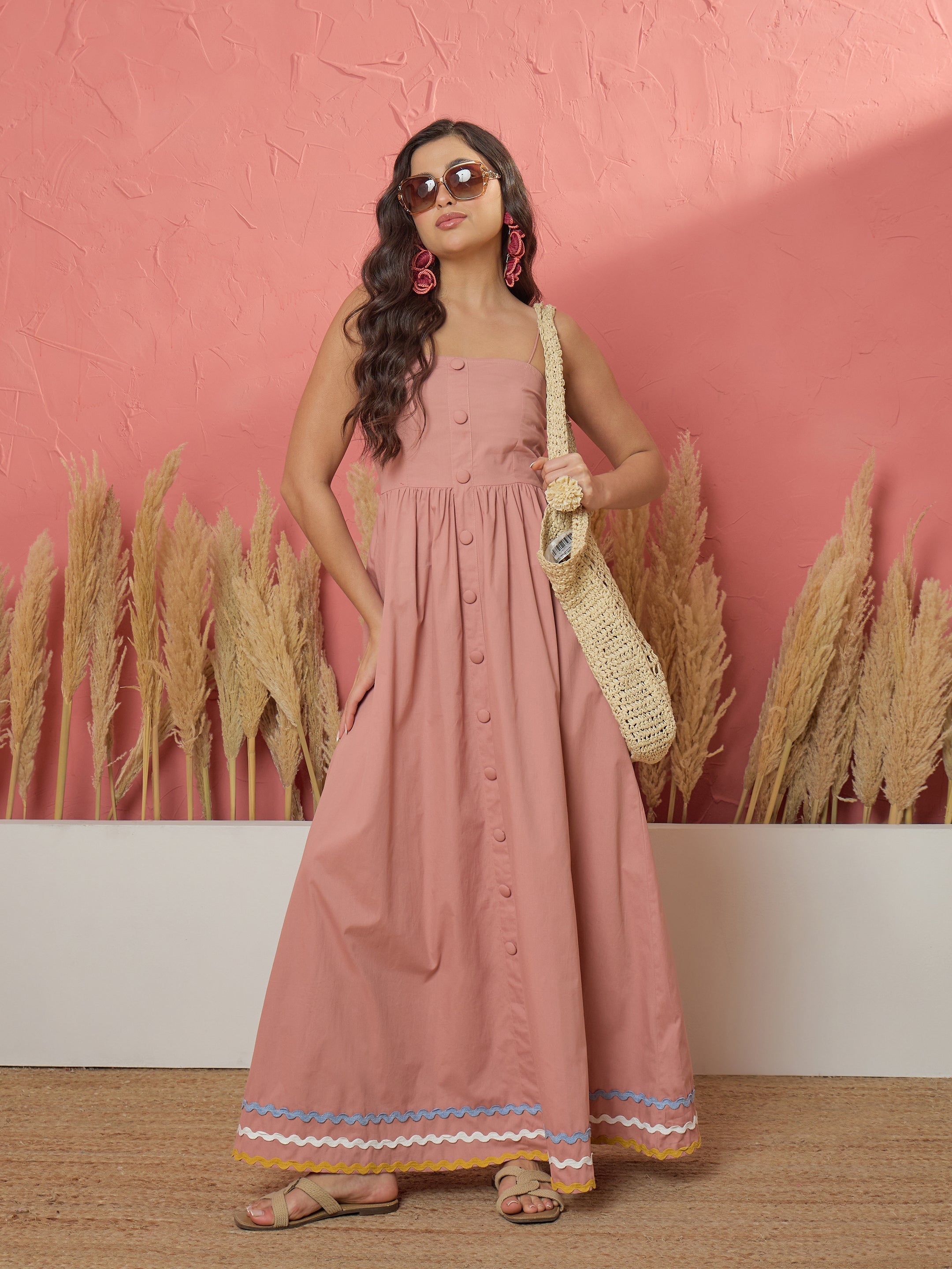 Women Onion Pink Ric Rac Lace Strappy Maxi Dress