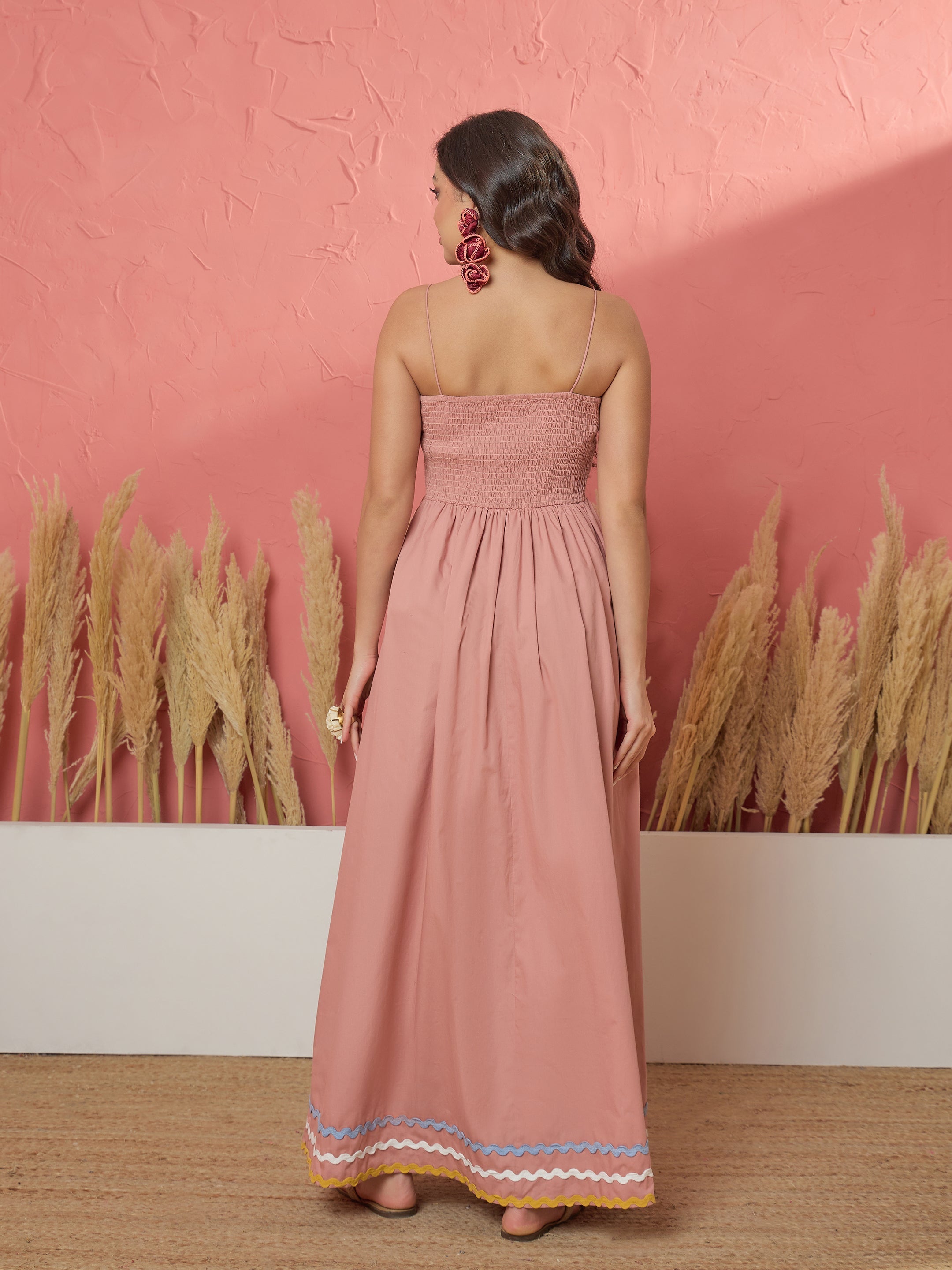 Women Onion Pink Ric Rac Lace Strappy Maxi Dress