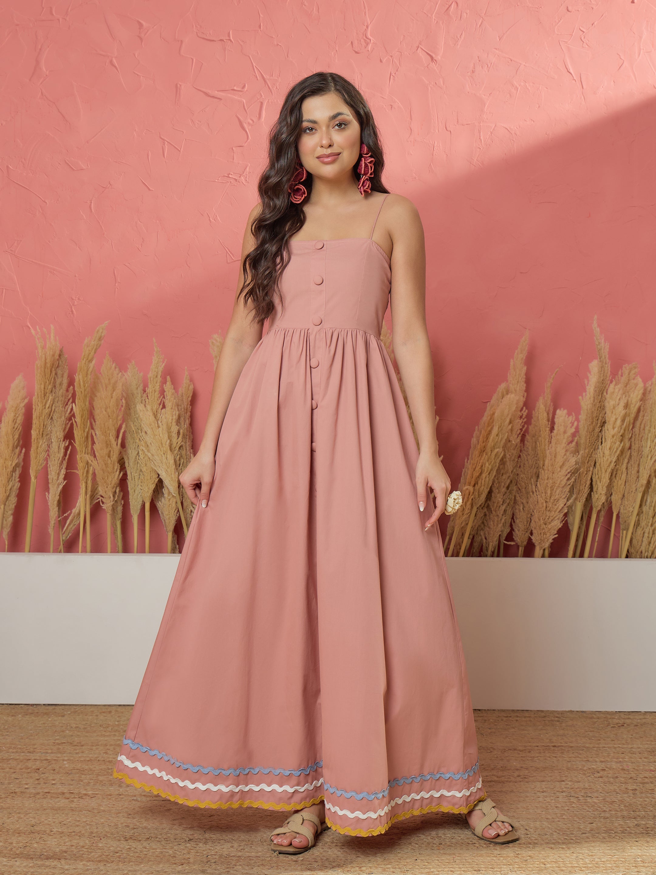 Women Onion Pink Ric Rac Lace Strappy Maxi Dress