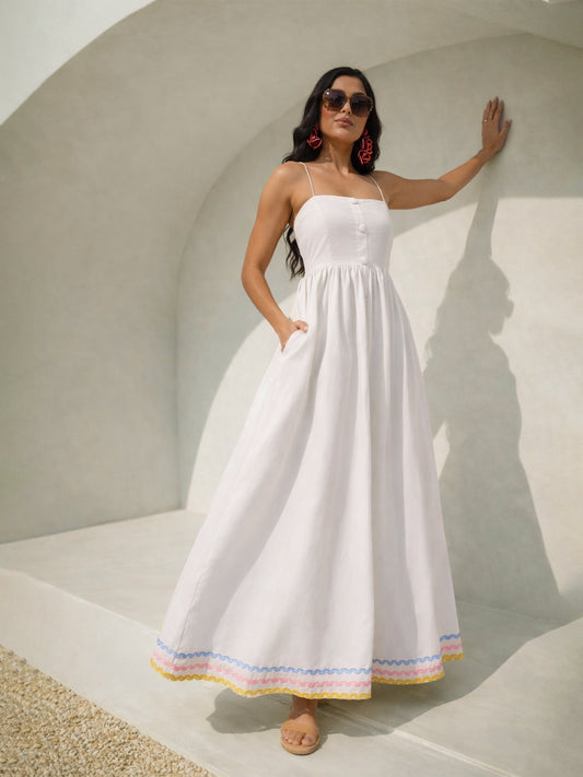 Women White Ric Rac Lace Strappy Maxi Dress